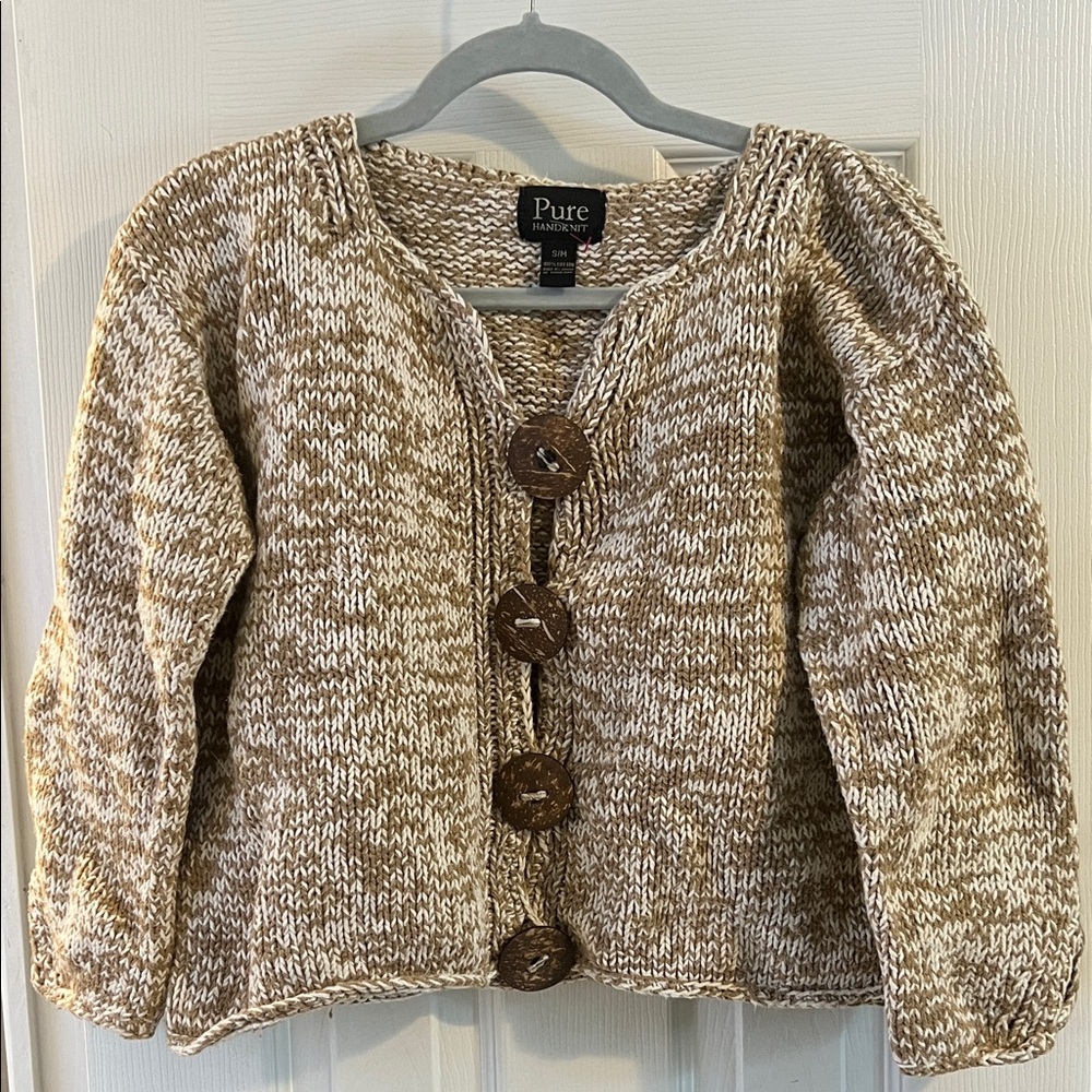 Pure Women's Cream and Brown 100% Cotton Handmade Buttoned Sweater